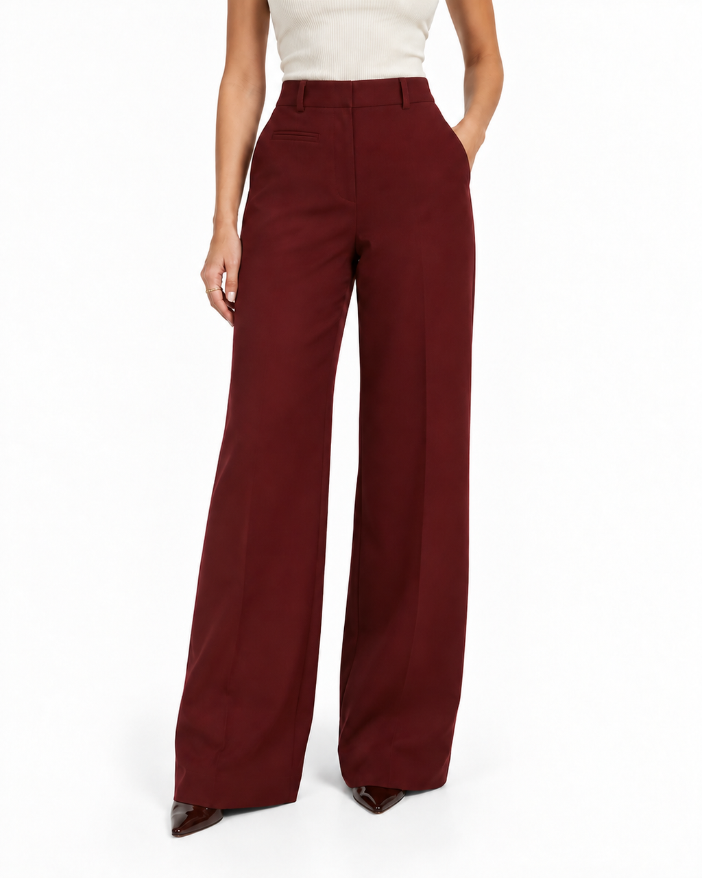 Burgundy Tailored Wide Leg Trousers in Burgundy, front view on model