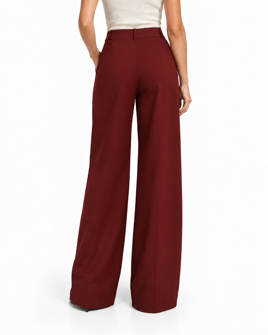 Burgundy Tailored Wide Leg Trousers in Burgundy, back view on model