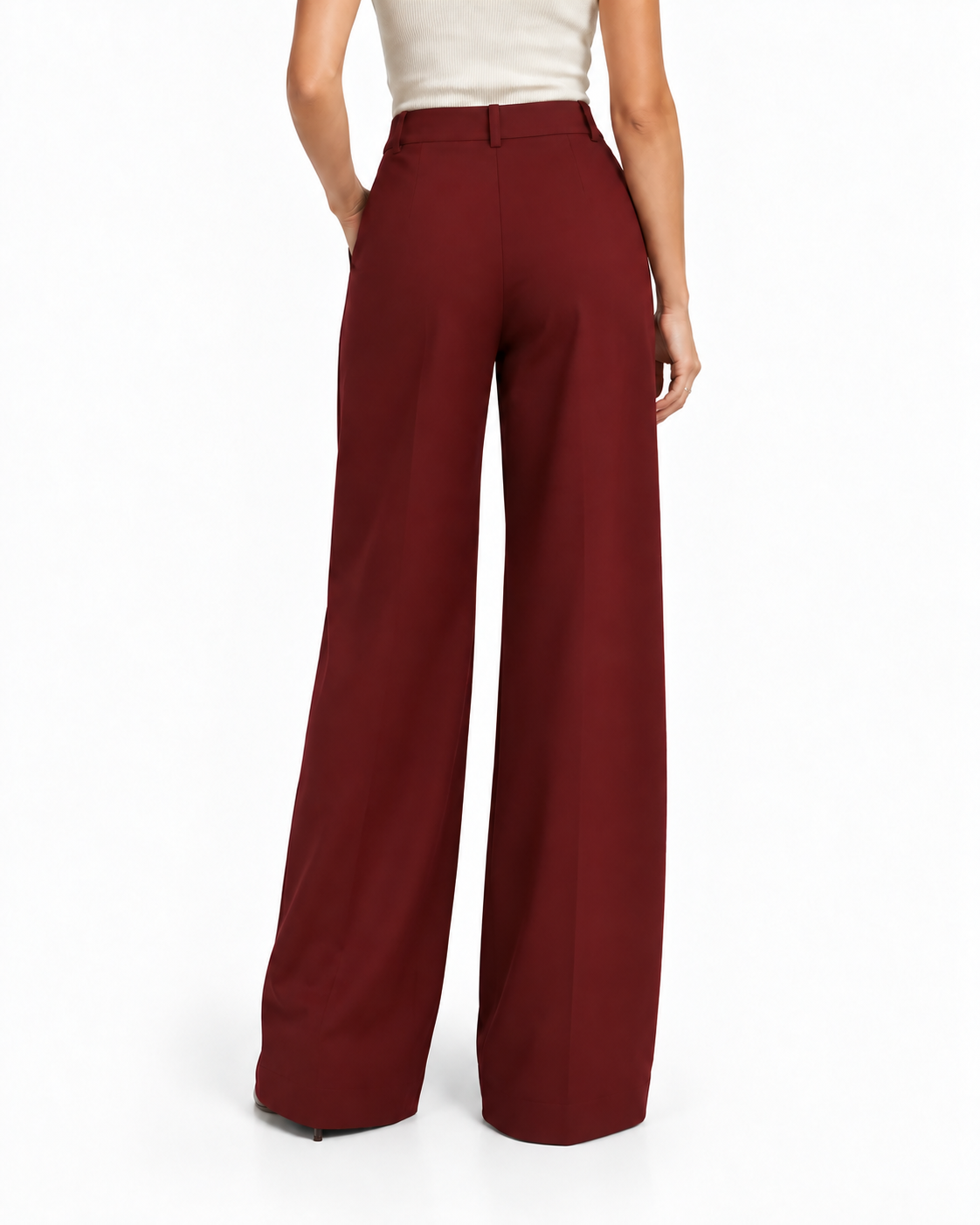 Burgundy Tailored Wide Leg Trousers in Burgundy, back view on model