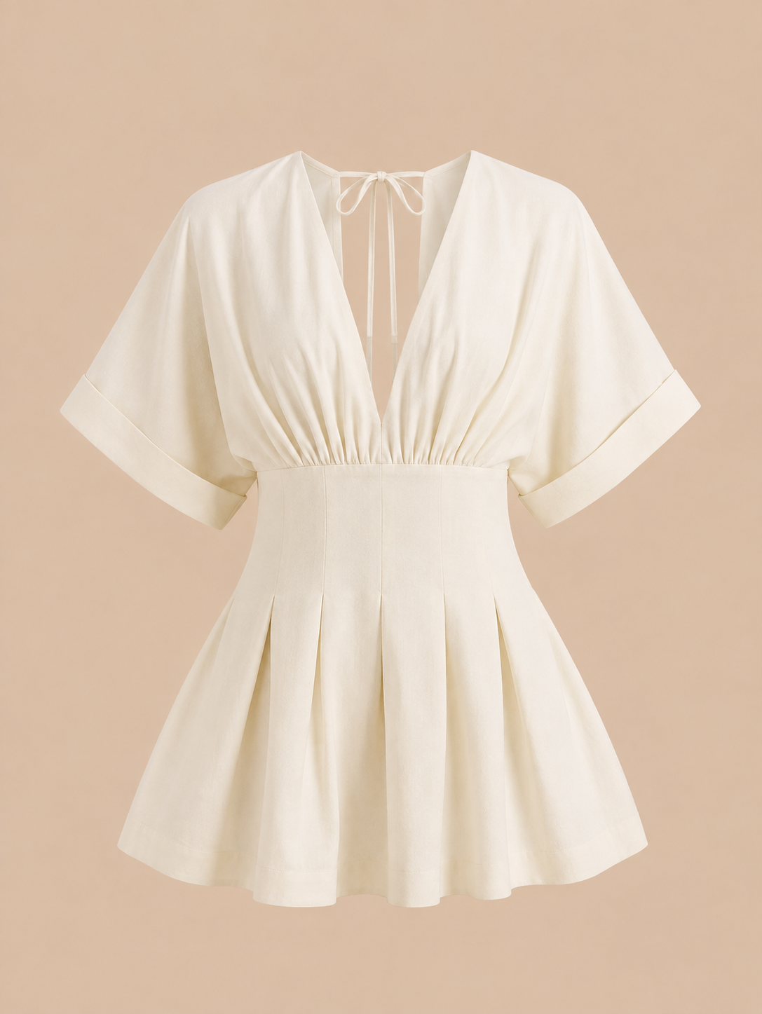Kimono-Sleeve Pleated Mini Dress in Cream — product shot