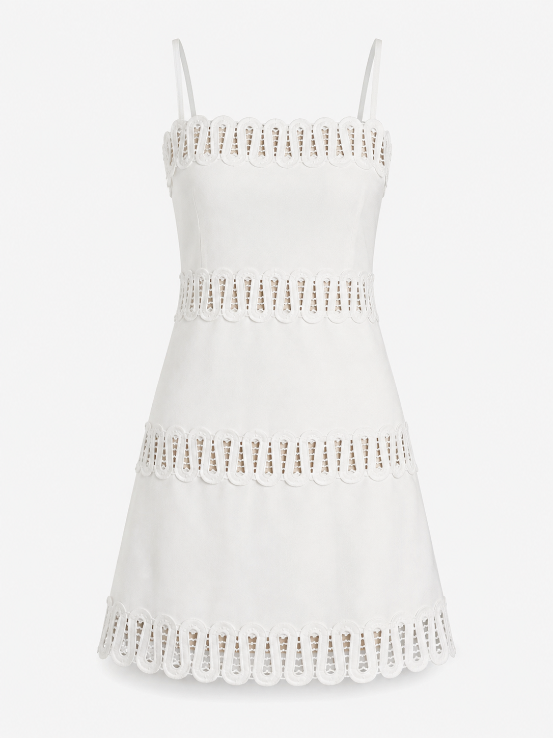 Scalloped Lace-Trim Mini Dress in White, flat lay