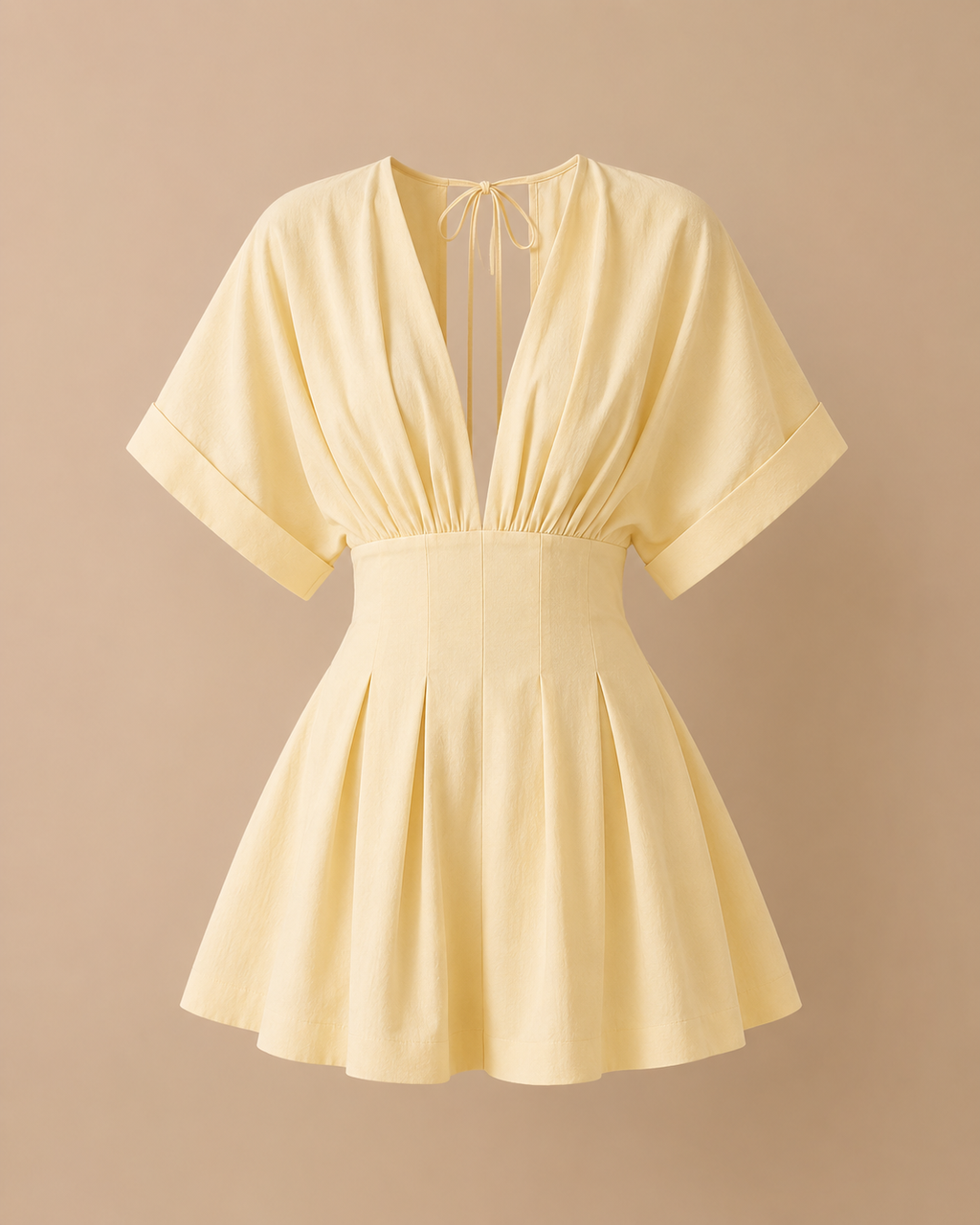 Kimono-Sleeve Pleated Mini Dress in Butter Yellow — product shot
