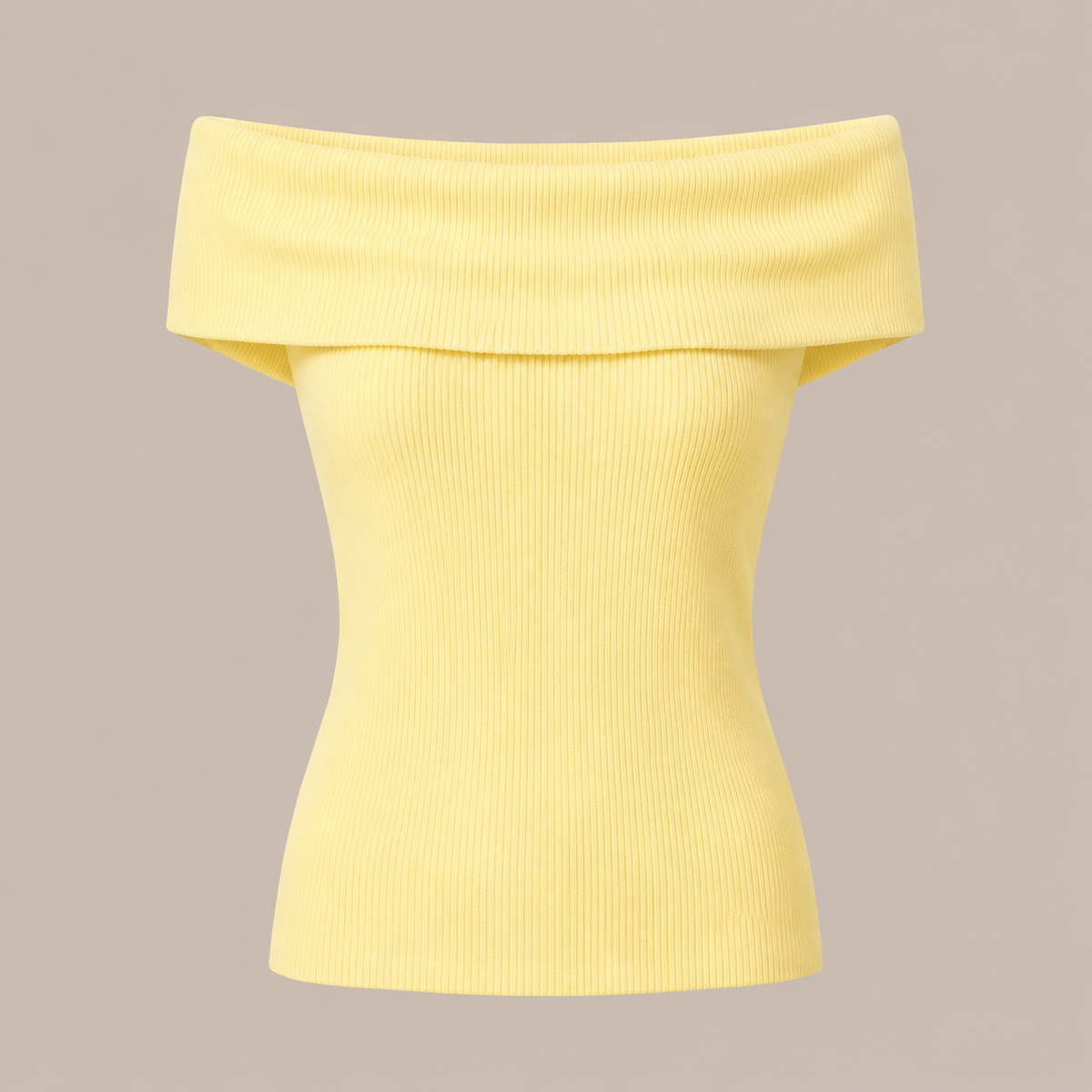 Butter Yellow Off Shoulder Ribbed Knit Top, laid flat