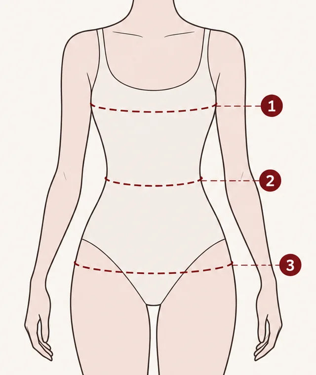 Where to measure: 1 around the fullest part of the bust, 2 around the narrowest part of the waist, 3 around the fullest part of the hips.